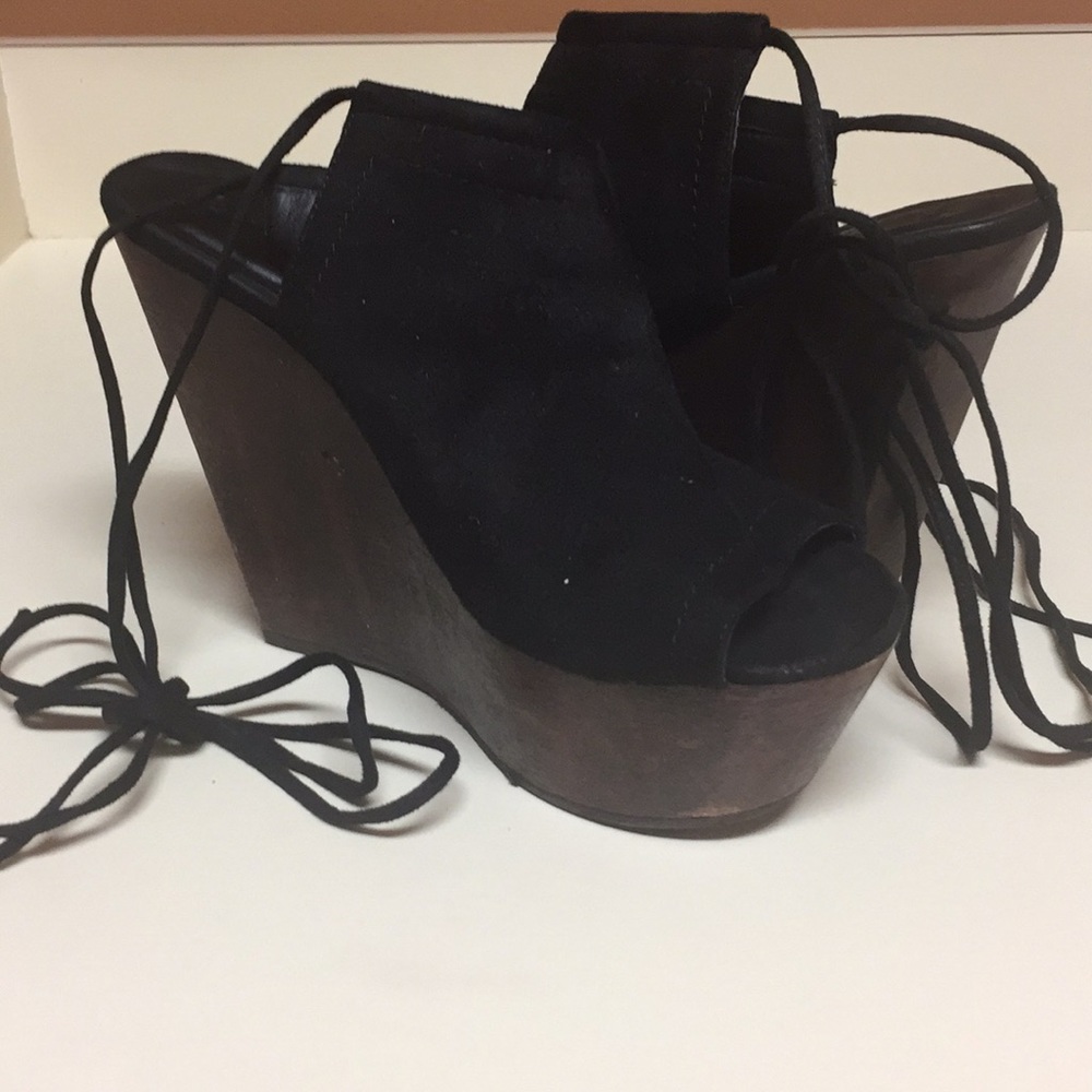 Black suede and wood wedges